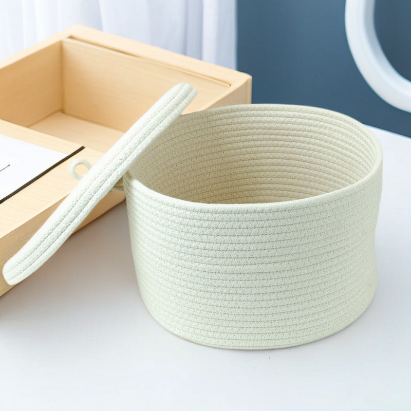 Students Cosmetics Snacks Round Cotton Rope Storage Basket Finishing Basket Storage Basket with Lid Dust-proof Storage Box