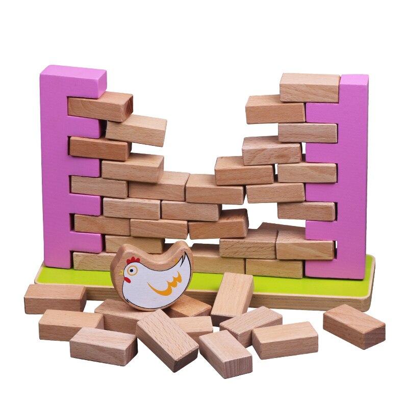 Intellectuele uitdaging voor kinderen: houten speelgoed, blokken, cartoon, kip, muur breken, jenga, educatief speelgoed voor kinderen.
