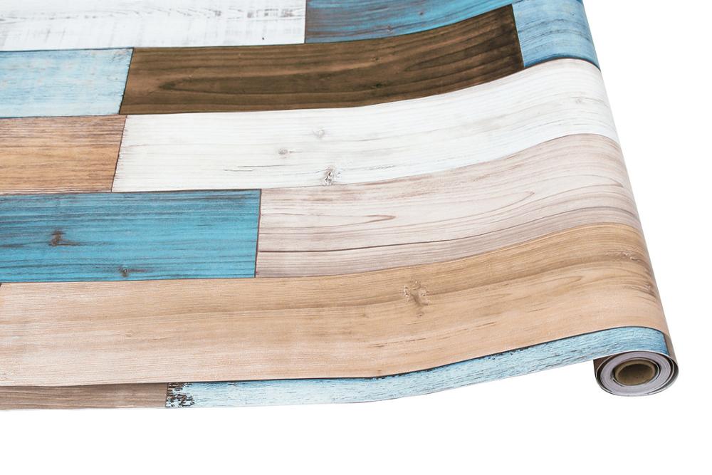 Papel tapiz de vinilo autoadhesivo para decoración del hogar, 3D tablón de madera, color marrón/Blanco/azul, para pared de habitación y ducha: 1mx45cm