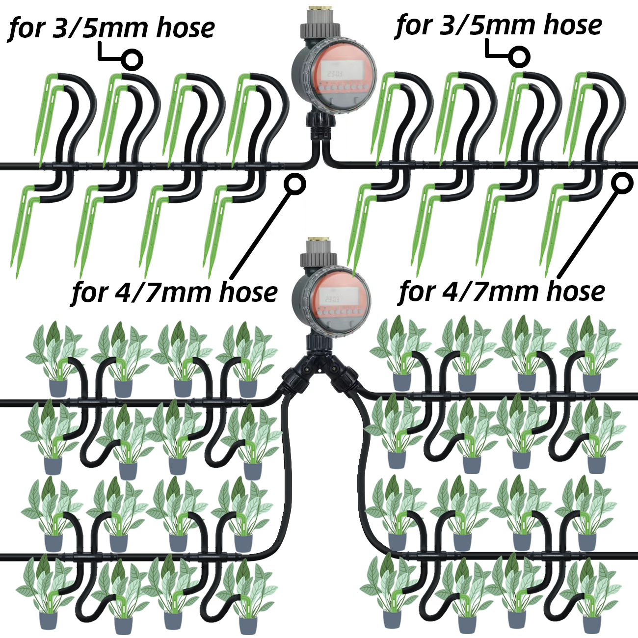 Sprycle Kit de sistema de riego automático para jardín, gotero de riego por goteo, manguera de 4/7mm a 3/5mm, para plantas, bonsái, balcón