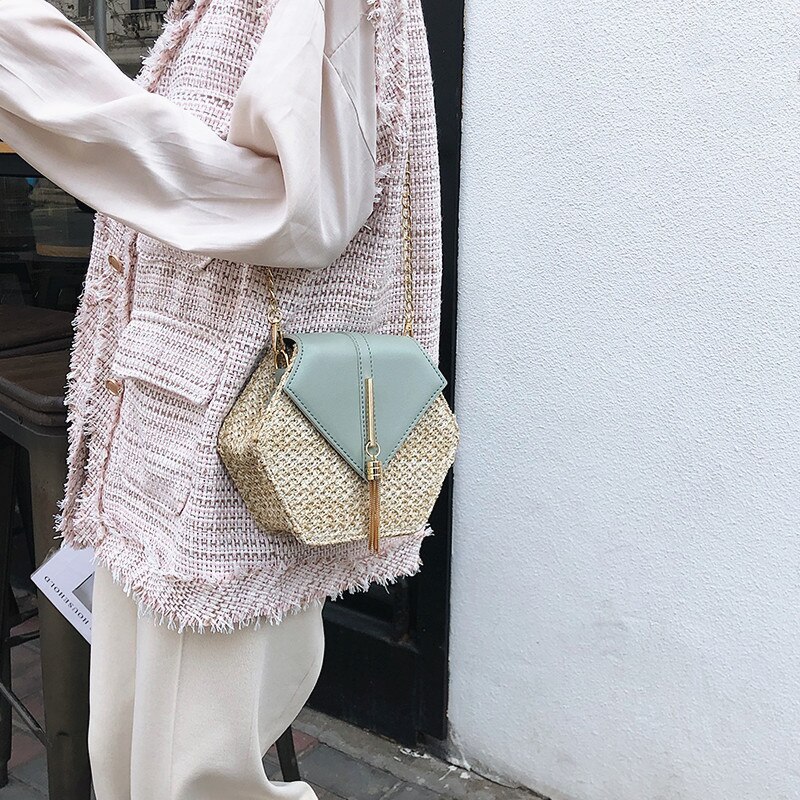 1PC sac de paille hexagone sac à main paille + cuir gland métal bohême rotin épaule été plage chaîne sac pour femme