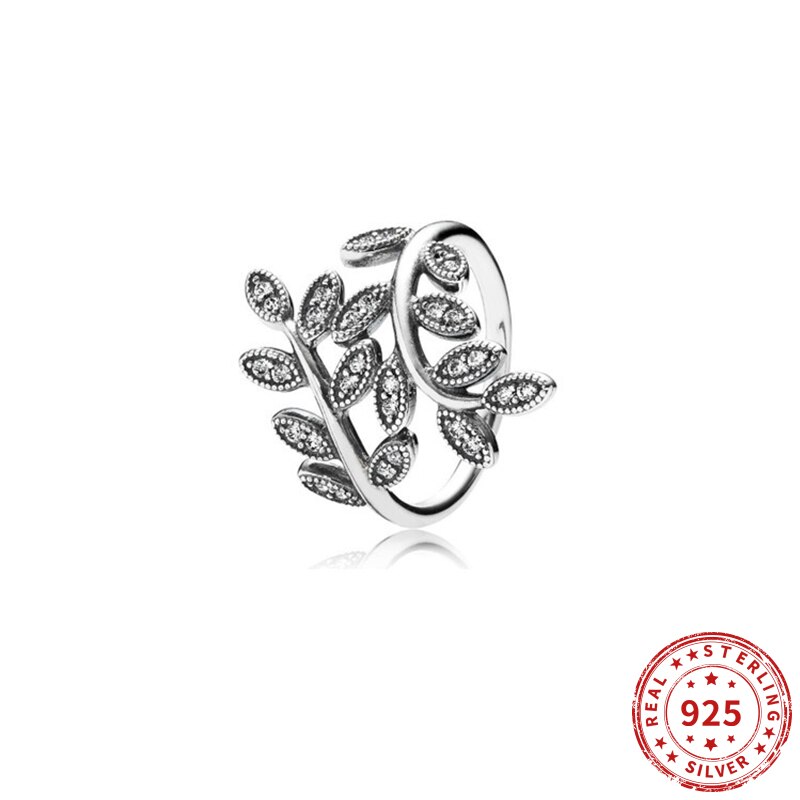 Real 925 Sterling Silver Pandoa Ring Shining Leaves Crystal Rings For Women Wedding Party Jewelry