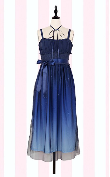 JSK Shinning Stars Lolita Dress Gradient JSK Star Blue Girls Solid Fancy Dress Lace Ruched Pleated Dress With Shirt Set: only long dress / L