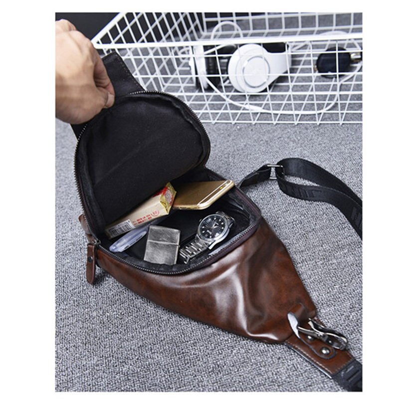 Handbag For Men's Chest Bag Men Leather Chest Pack Leather Backbag With Headphone Functional Travel Organizer Male Sling Bag