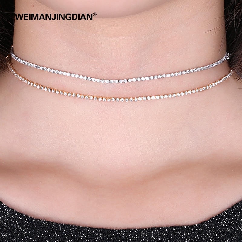 Exquisite Round Cubic Zirconia Choker Necklace Adjustable in White Gold or Yellow Gold Colors
