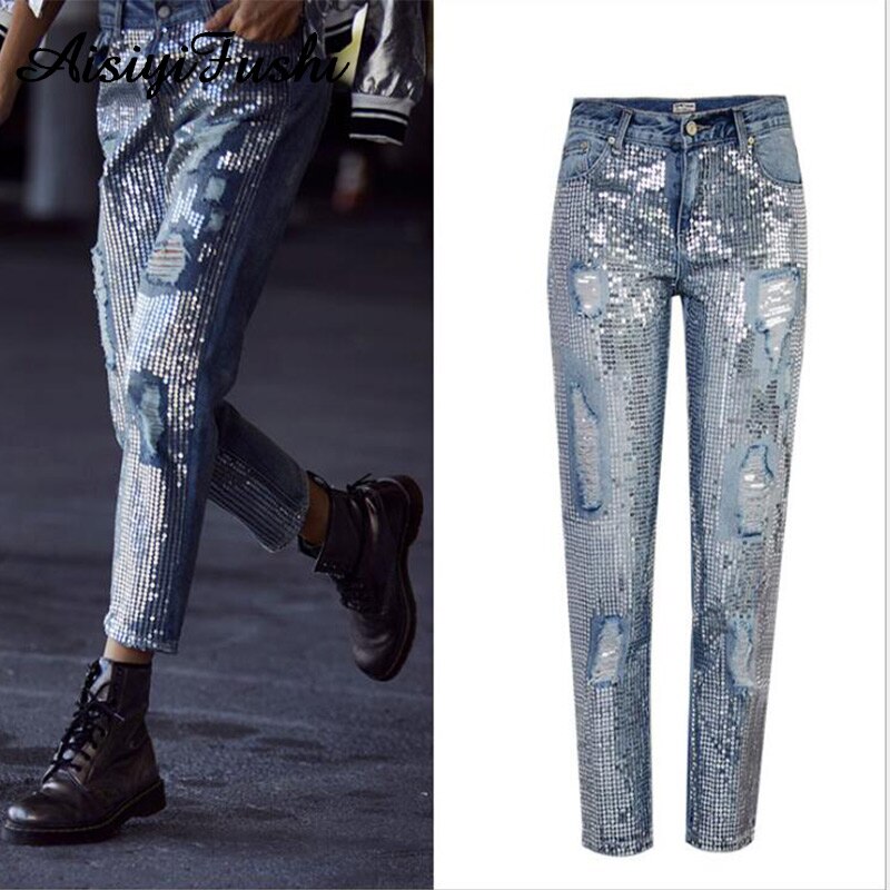 Sequin Ripped Jeans For Women Bottom Streetwear Hole Zipper Fringe Ripped Jeans Pants Women's Denim Trousers Loose Female