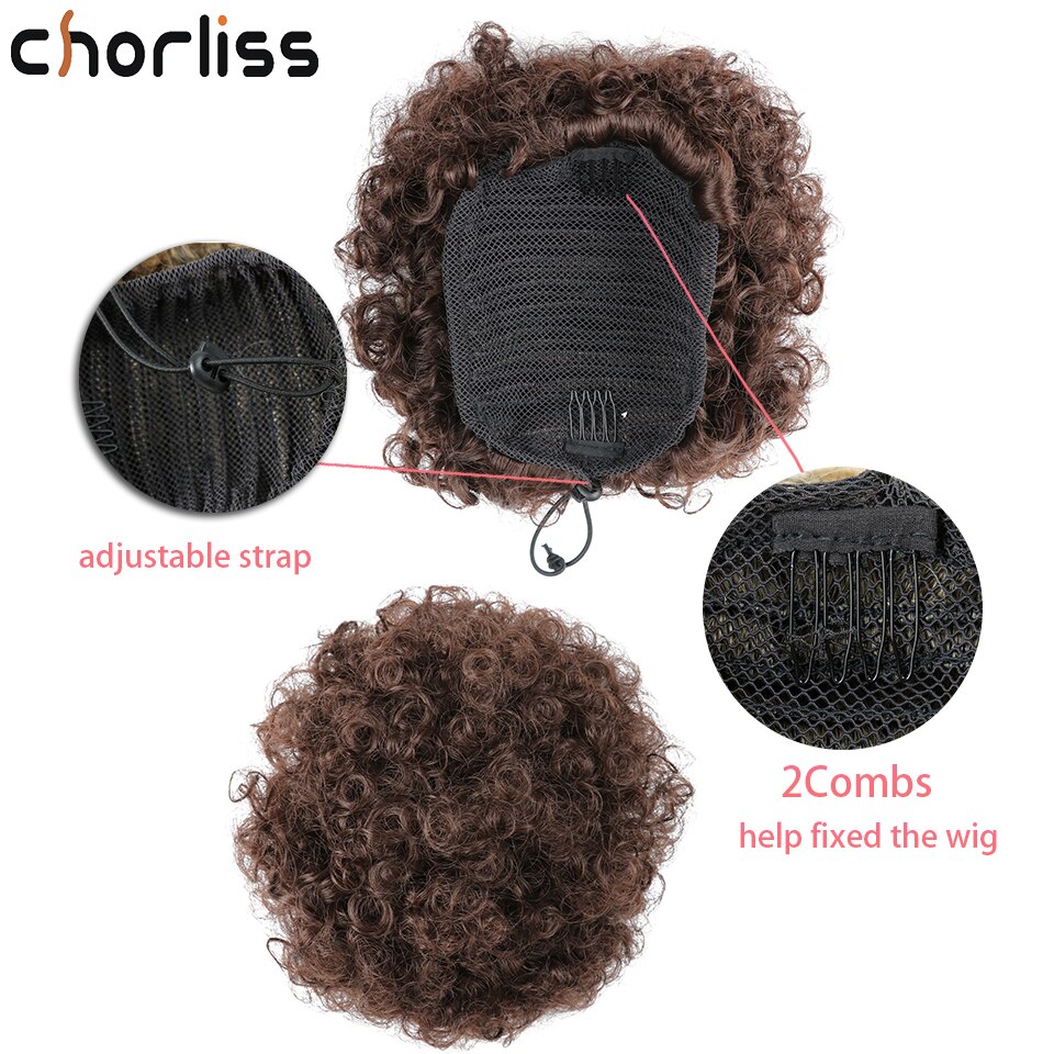 Chorliss – Chignon synthétique, postiche queue de cheval frisée courte marron bouffante à cordon de serrage, Chignon bouclé court