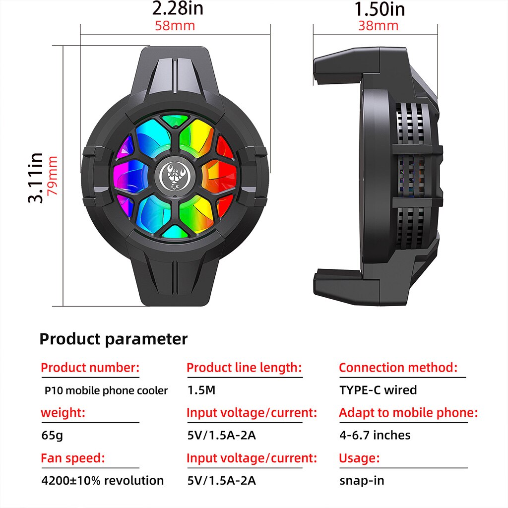 Mobiler kühlventilator für  p10 mobiltelefone, speziell für gaming, in beide richtungen einziehbar, hühnerfleisch, lebende gefrierkühlung