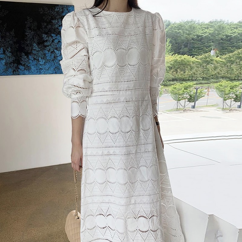 SuperAen francuski styl dworski O szyi koronki drążą stałe talii bufiaste rękawy połowy łydki sukienki dla kobiet