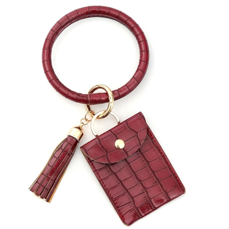 H3CB Sleutelhanger Armband Polsbandje Bangle Key Kaarthouder Grote Ronde Sleutelhanger Lederen Kwastje Voor Vrouwen Meisjes Met Portemonnee: Rood