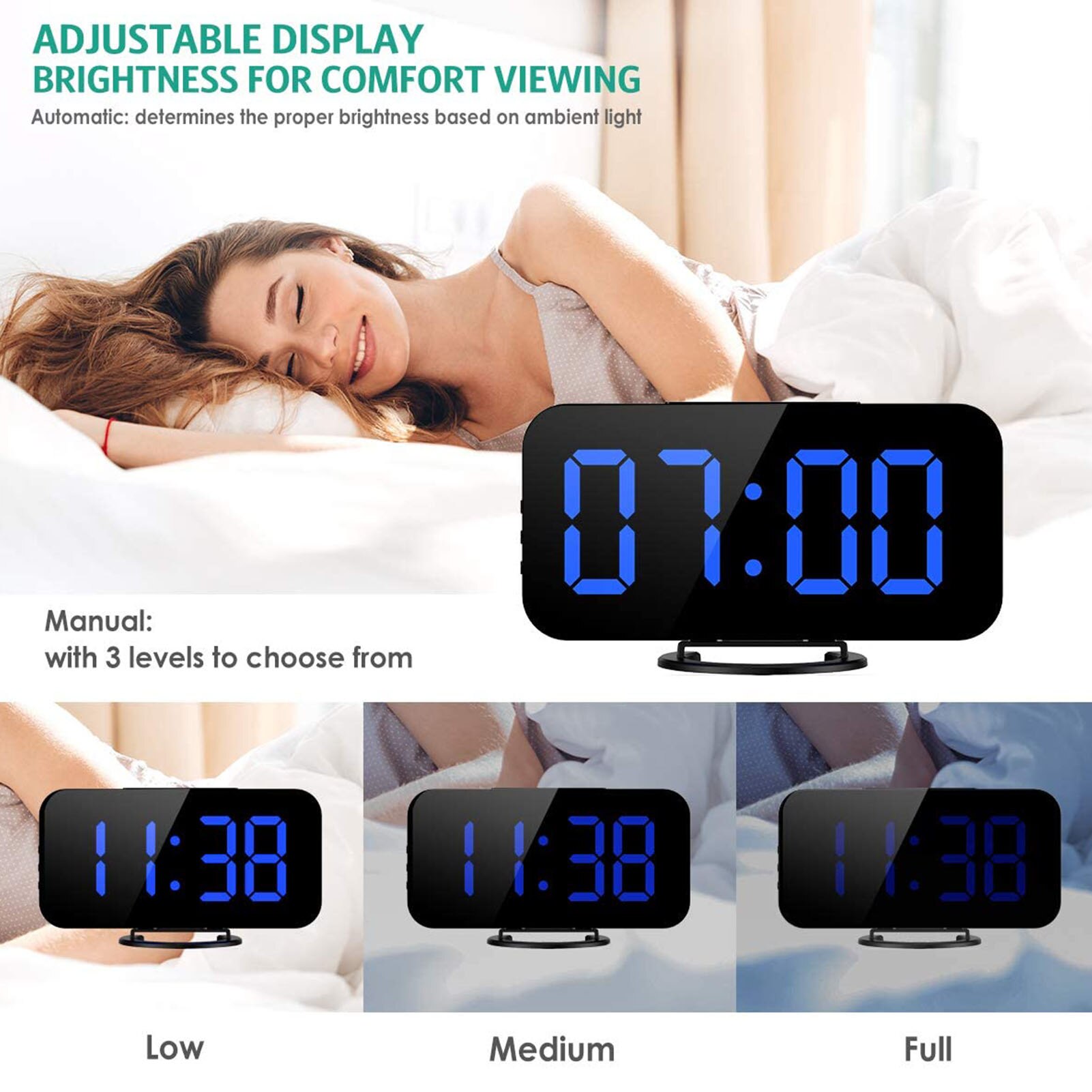 Digital LED Mirror Alarm Clock Dimmable Night Mode Bedside Clock
