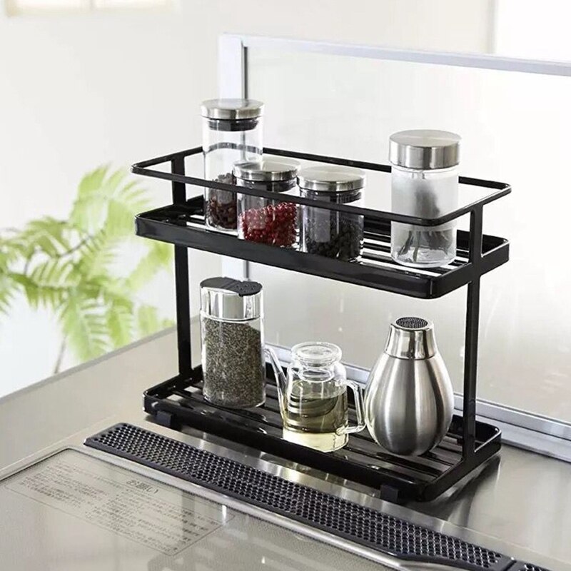 2-Layers Stainless Steel Storage Rack Spice Condiment Basket Desk Organizer Kitchen Bathroom Storage Holder Rack Shelf Black