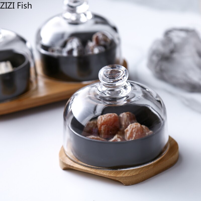 Noord-europese keramische snackschaal, set van 3 met glazen deksel, vershoudschaal voor restaurant, huishouden, taart, dessertschaal