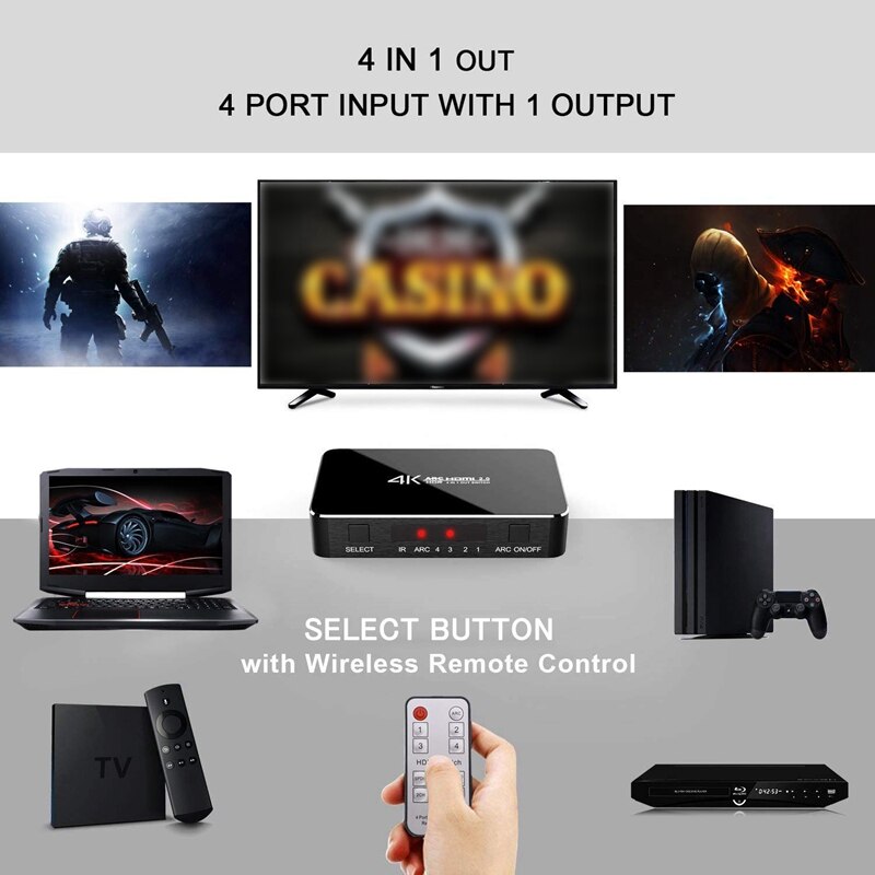 Interruptor HDMI 2,0 4K HDR 4 en 1 HDMI Switch con o Extractor 3,5 Jack Cable de fibra óptica de arco divisor para HDTV PS4 (UE Plu