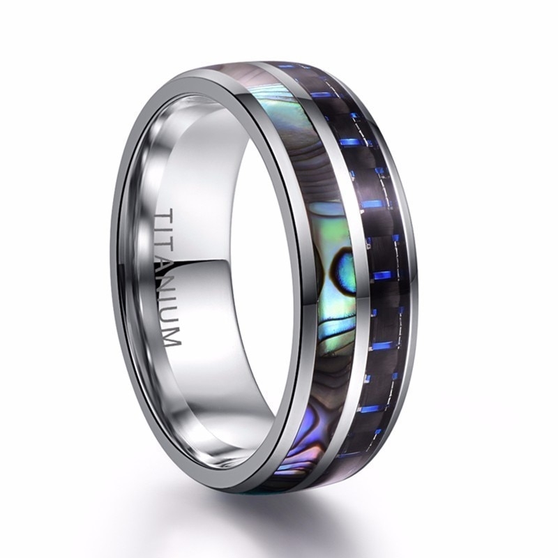 8mm Men Rings Abalone Shell Carbon Fiber Ring Men Titanium Steel Wedding Engagement Anniversary Jewelry: 8