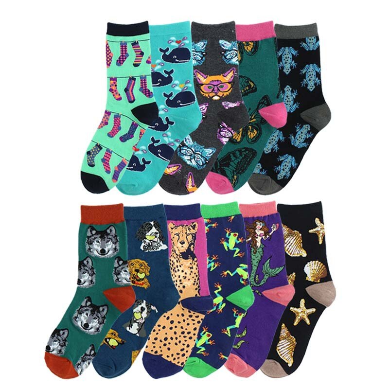 Harajuku Happy Socks para mujer divertidos dibujos animados Rana perro Concha ballena mariposa patrón transpirable calcetines de algodón para mujer