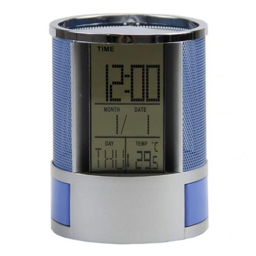 Dauerhafte Büro schule lagerung Büro LCD Wecker Zeit Temperatur Anzeige Hohl Zylinder Stift Bleistift Halfter Schreibtisch Veranstalter: Blau