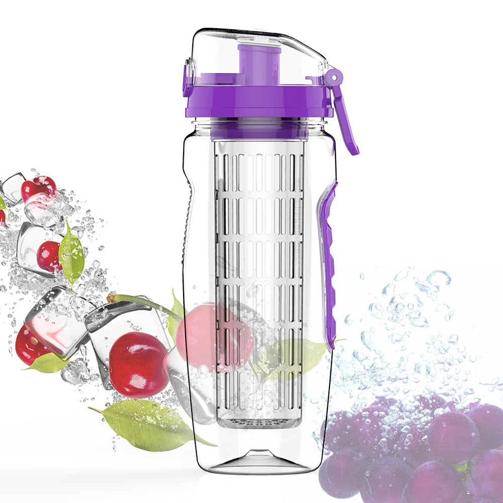 BPA Freie Obst Flasche für Wasser Flasche Obst Infuser Trinken Wasser Flaschen Saft Sport Zitrone Tritan Wasser Flasche Fitness Mädchen: Violett 1000ml