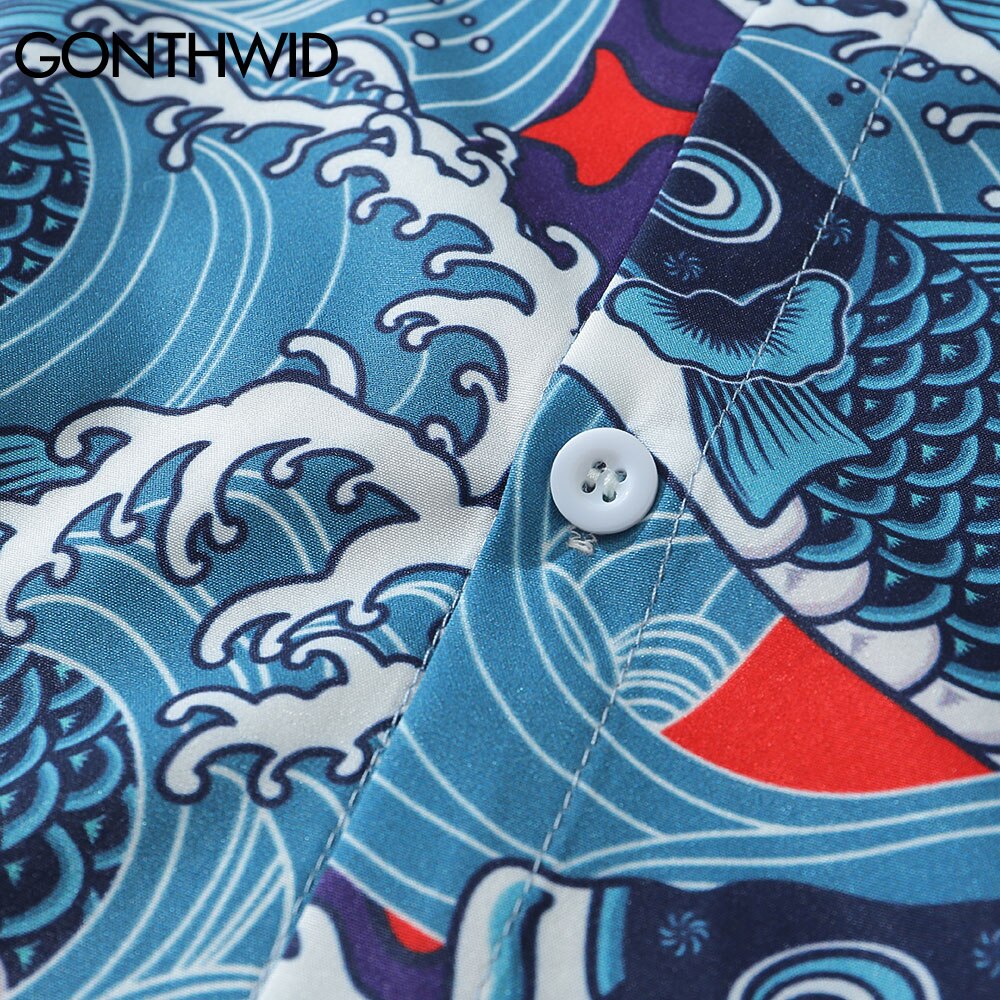 Gonthwid japansk stil havbølge karpe koi fisk print hawaiian strand skjorter herre harajuku afslappet langærmet kjole skjorte toppe