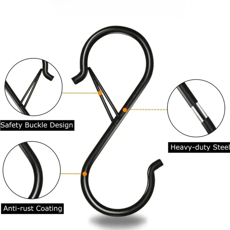 1 Stück 3 x 9 cm S-förmiger Metallhaken mit Sicherheitsschnalle zum Aufhängen von Küchenutensilien/Pflanzen/Töpfen und Pfannen/Kleidung, Hüzehn
