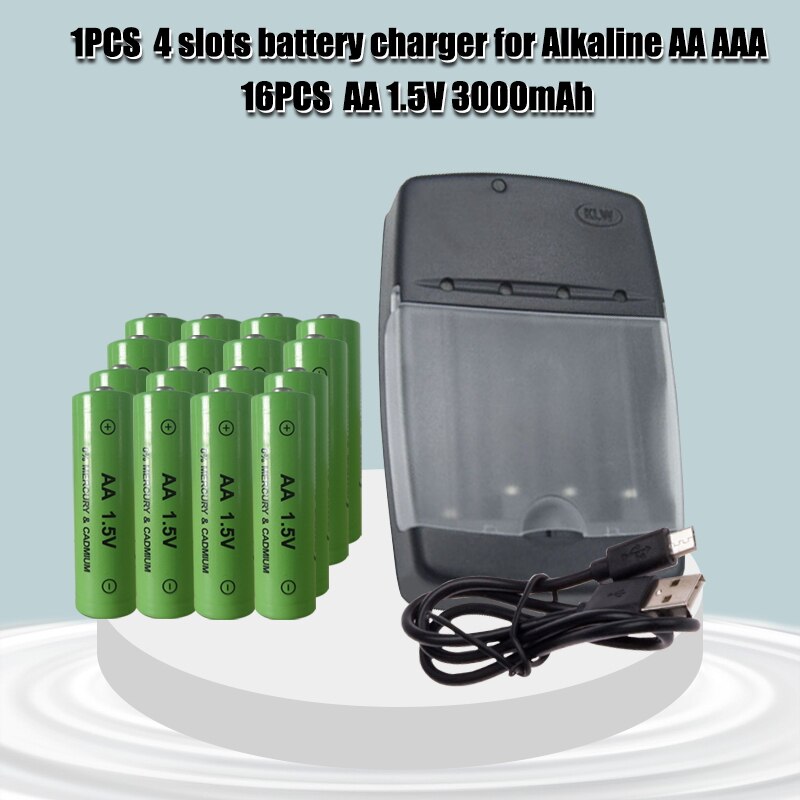 AA 1.5V Alkaline Rechargeable battery 3000mah +super quick 4slot AA/AAA charger can charge alkaline battery: 16 AA 1PCS charge