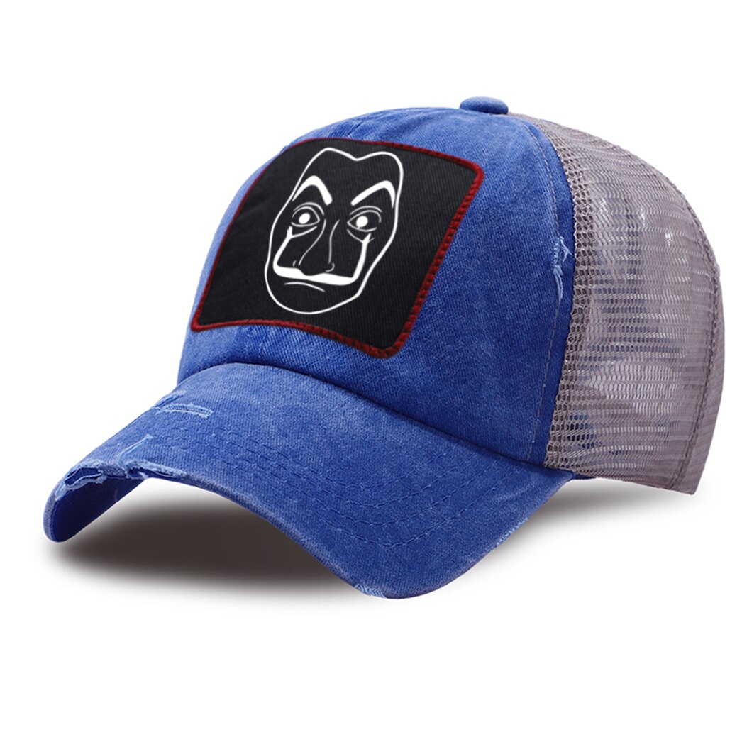 La casa de papel harajuku mesh trucker hat sommer unisex ridehue åndbar afslappet baseball caps udendørs street snapback hat: Blå 5