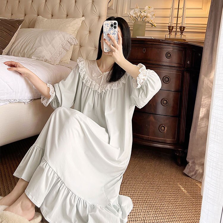Lente Vintage Vrouwen Nachtkleding Prinses Jurk Victoriaanse Stijl Geborduurde Nachtjapon. Dames Losse Antieke Nachthemd Nachtkleding