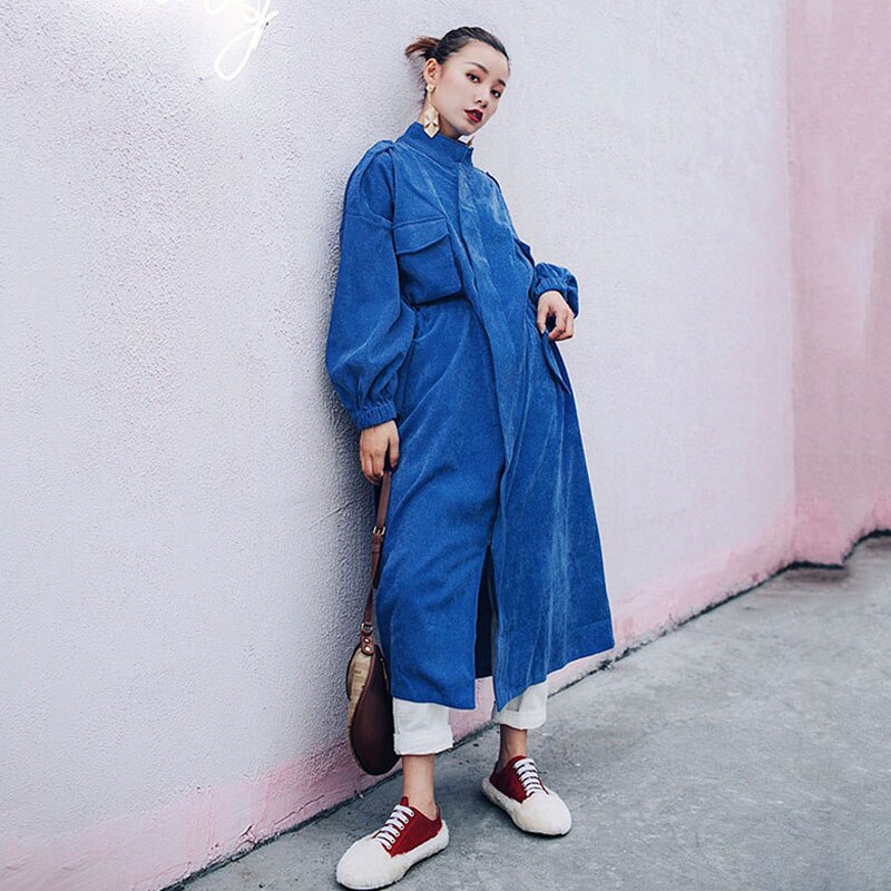 Gabardina larga de pana azul de tendencia, gabardina para mujer de cintura ajustable de alta de otoño , cazadora de calle, gabardina FY46