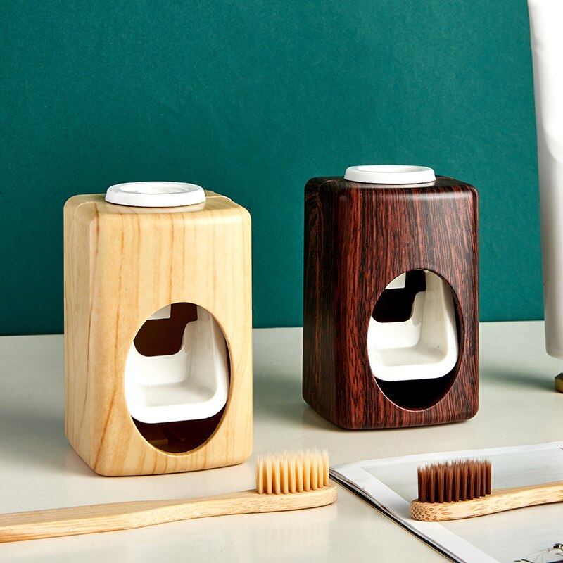 Wall Mount Wood Grain Automatic Toothpaste Squeezer Punch-free Toothbrush Rack Lazy Toothpaste Squeeze Artifact