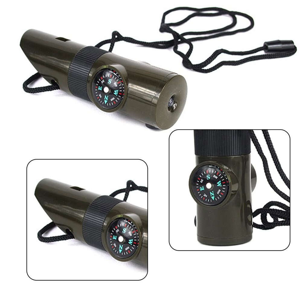 Multifunctional Whistle 7 In 1 Survival Trekking Compass Mirror Torch Magnifier Led Light Thermometer Storage Tools