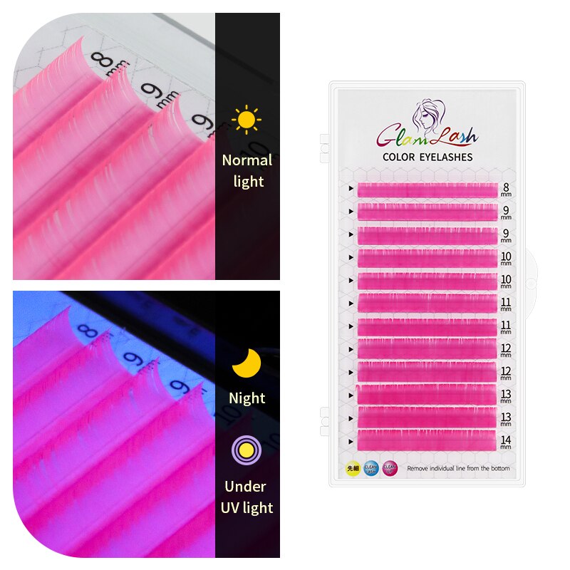 GLAMLASH fluorescencyjne przedłużanie rzęs różowy zielony żółty pomarańczowy UV Neon przedłużanie rzęs świecące w ciemności rzęsy makijaż: C / UV Pink