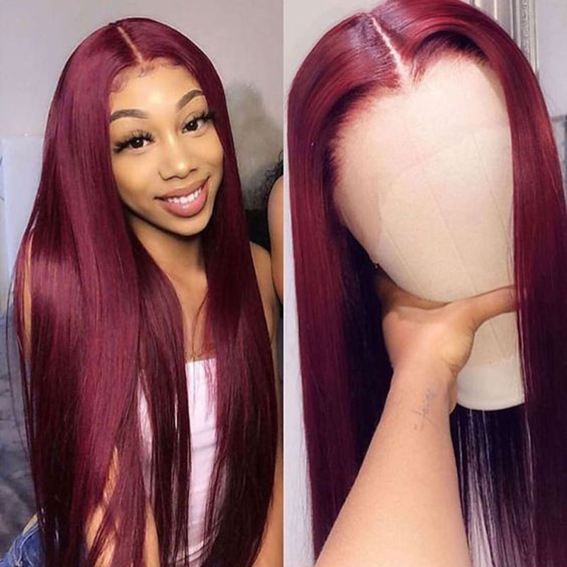 Cabello sintético rojo Bombshell Vino oscuro 13*3, peluca con malla frontal recta, pelo de fibra resistente al calor, pelucas de cabello Natural para mujer