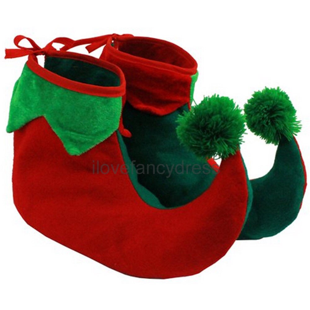 CHILD WEARABLE ELF BOOTS POM PIXIE ELF SHOES CHRISTMAS PARTY RED GREEN FANCYDRESS COSTUME ACCESSORY XMAS FAST