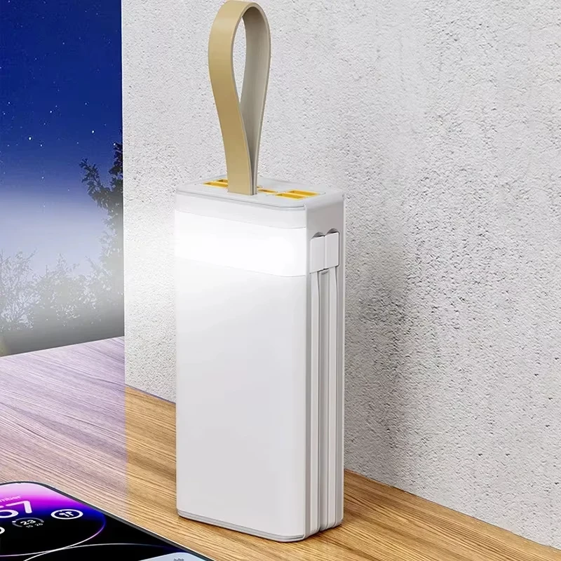 50000 mah solcelle-powerbank med stor kapacitet, indbyggede kabler, eksternt batteri, led-lys, bærbar oplader til iphone