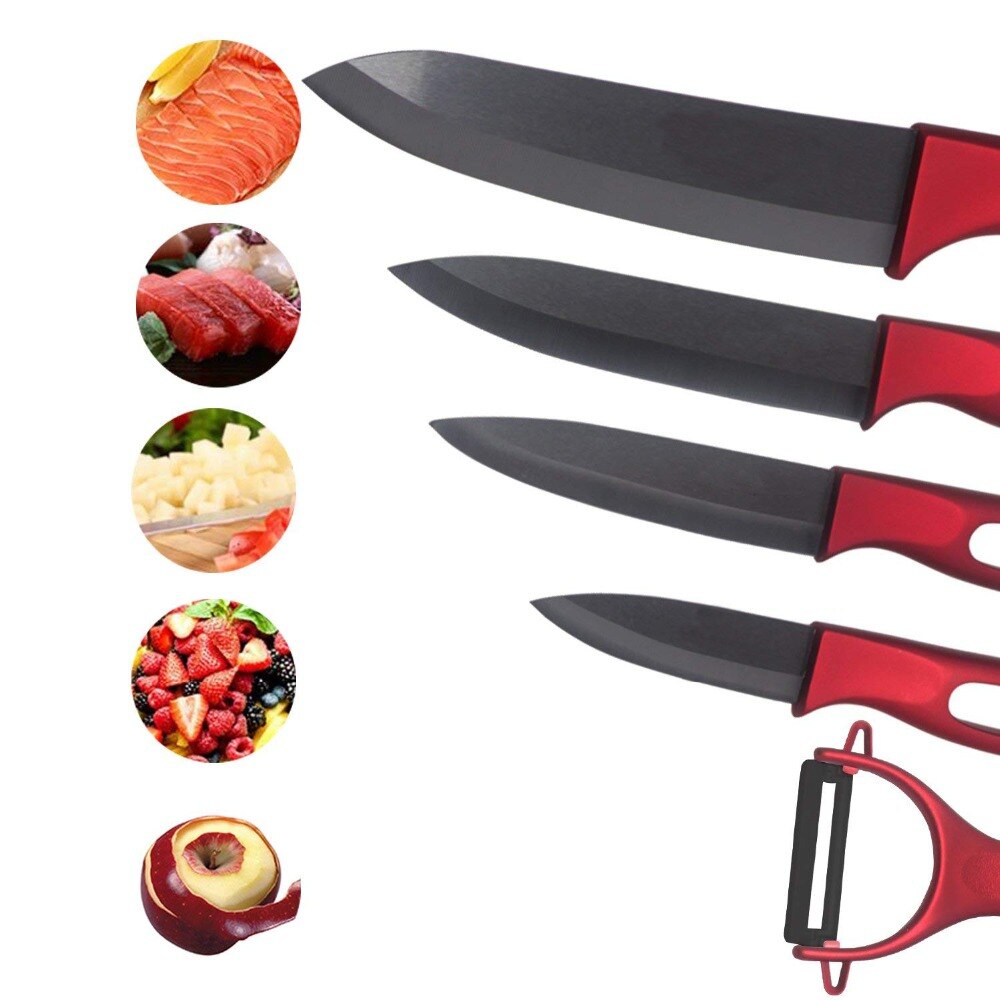 Juego de cuchillos de cerámica 6 "5" 4 "3" pulgadas Color rojo mango pelador de frutas y vegetales cuchillos cocina zirconia cuchillo cerámico negro