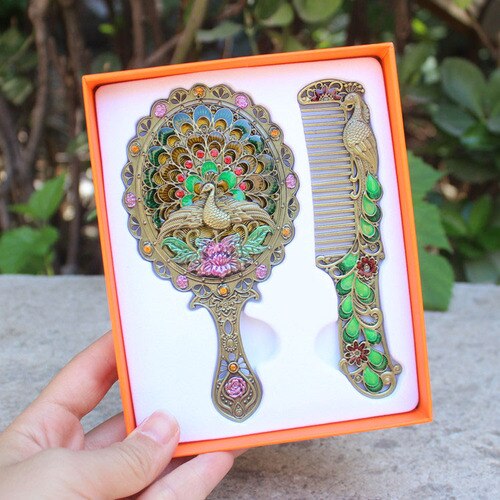 Travel retro makeup handle mirror comb set simple portable dormitory decor student mirror Peacock mirror LB41613: 8