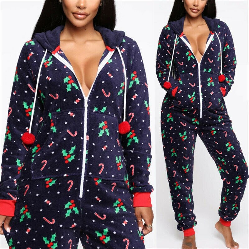 Family Matching Women Romper Christmas Pyjamas Xmas Nightwear Jumpsuits Long Sleeve Hooded Ladies Winter Warm Homewear