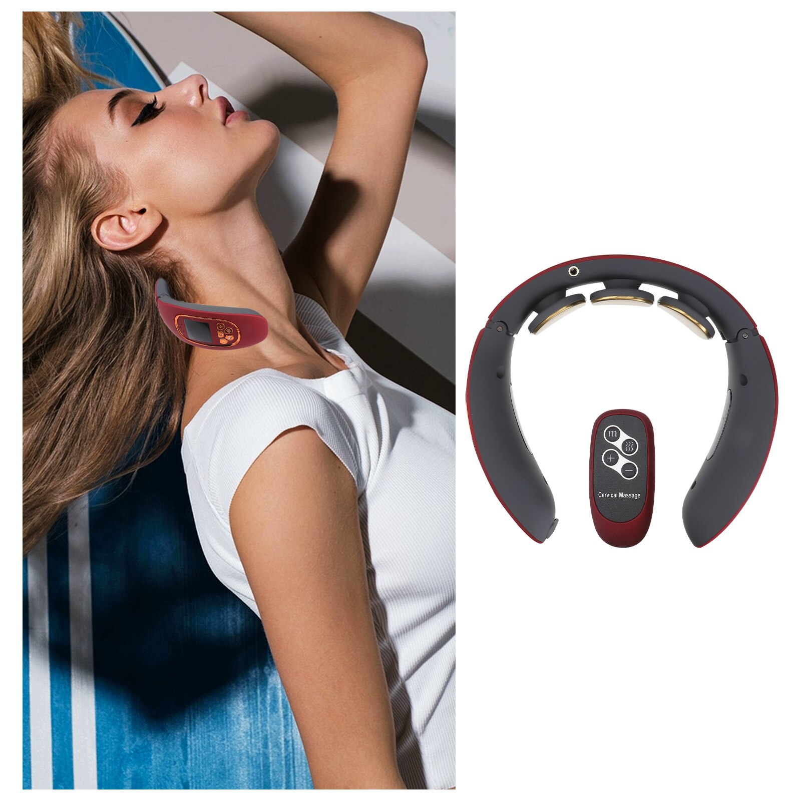 3pcs Cervical Vertebra Massager Pulse Physiotherapy Instrument Wireless Instrument Neck Massager (Red, with Telecontrol)