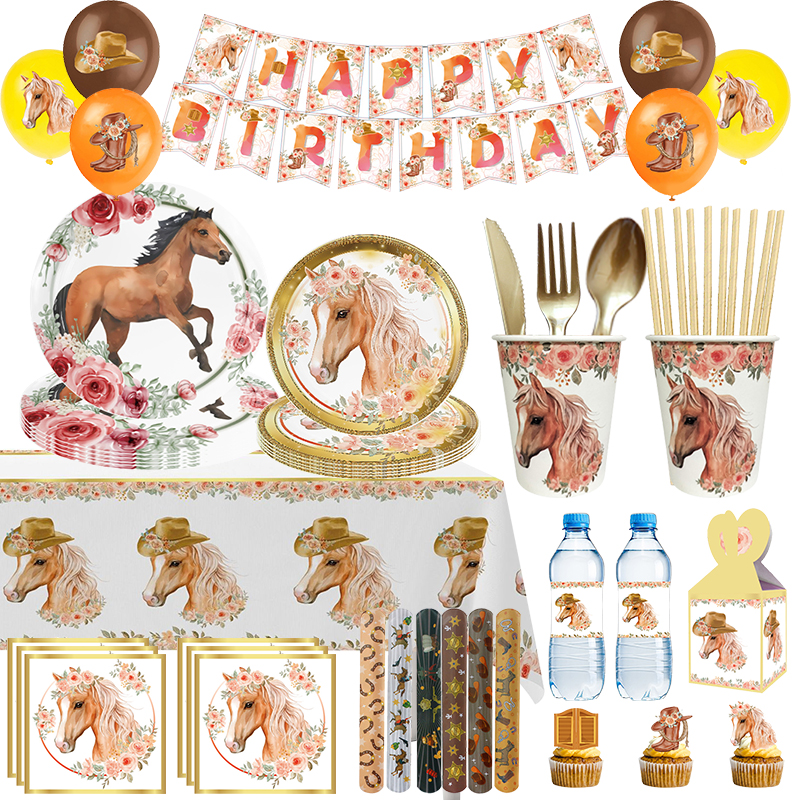 Décoration de fête d'anniversaire thème cheval, fournitures britanniques, nappe en papier, ballons d'arrière-plan, d'anniversaire pour bébé