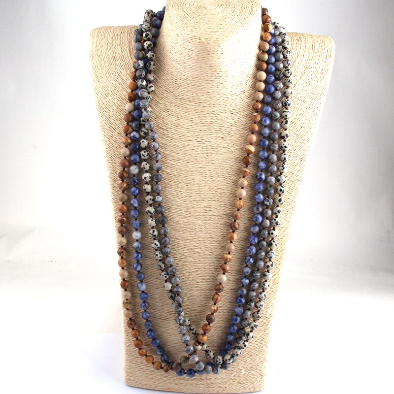 Semi Precious Stones Beads Statement Necklaces long Knotted Beads Cross Necklace