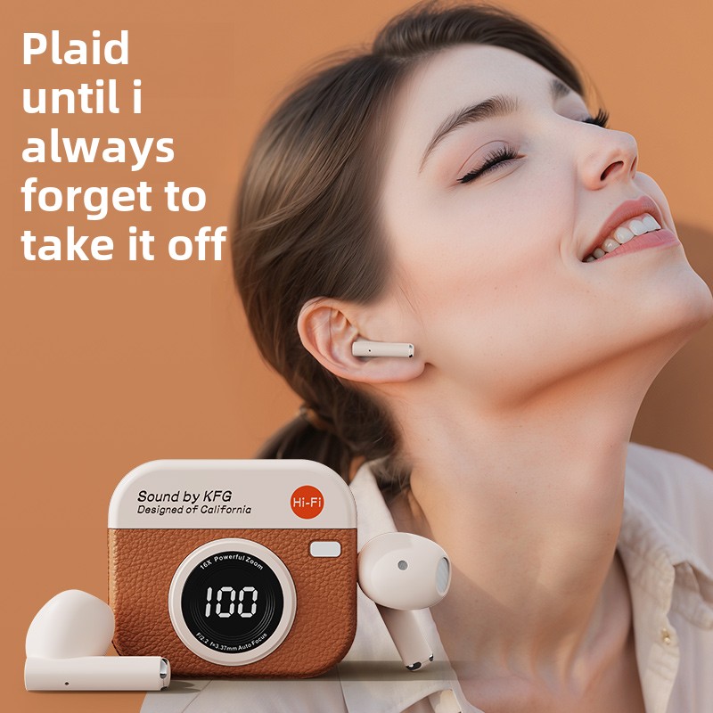 Q86 Retro Camera Leather Good Wireless Earbuds Semi-In-Ear Earphones with Screen Digital Display and Gaming Low Latency