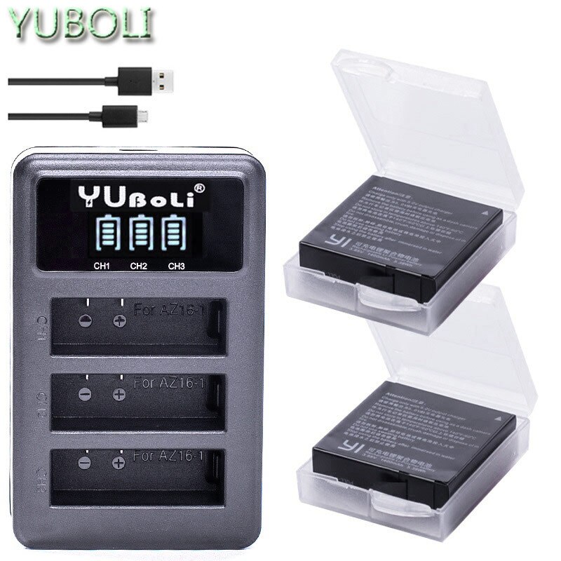 Xiaomi Yi-Batería de 1400mAh + cargador USB de 3 vías para yi, Xiaomi Yi, cámara de acción, versión internacional: charger and 2battery