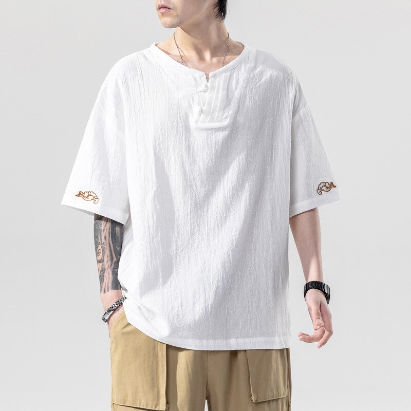 Japanse Kimono Korte Mouwen T-shirt Geborduurd Harajuku Yukata Japan Zomer Mannelijke Linnen Mannen Shirts Broek Aziatische Kostuum: color 2 / 2XL 70-80KG