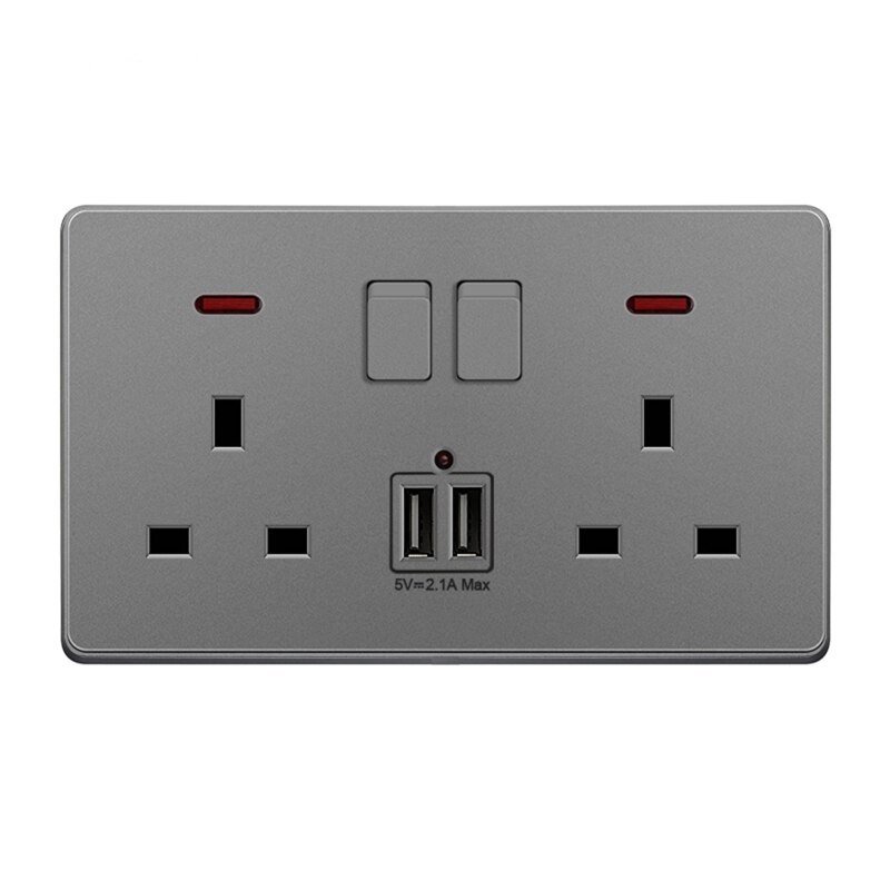 Wall Power Switch Socket Universal 2.1A Dual USB Charger Port LED Indicator UK: 11AG201085-GY