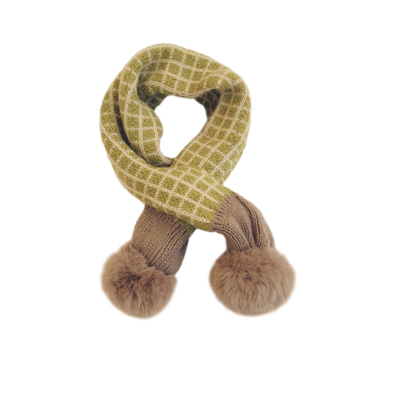 Écharpe tricotée à pompon en fausse fourrure pour enfants, écharpe d&#39;hiver à carreaux pour garçons et filles, cache-cou, accessoires pour bébés: J