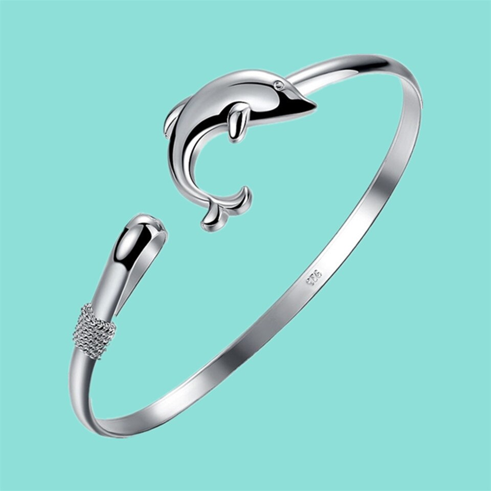 Bracelet ouvert en argent 925 avec dauphin pour femmes, bijoux de fête de mariage, ,