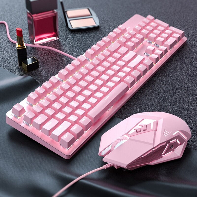 Pink Real Mechanical Keys and Pink Disc Mouse Set Cute Girls E-Sports Game for PC/Laptop/MAC