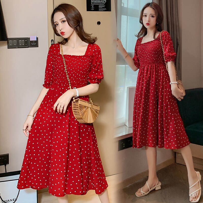 8012# Summer Korean Maternity Long Dress Slim Charming Clothes for Pregnant Women Wine Red Dot Pregnancy