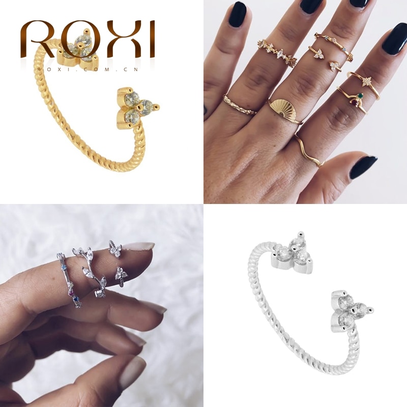 ROXI luxe bijoux de mariage anneaux pour femmes fille Triangle Zircon cristal torsion anneau ouvert Anillos 925 Bague de couverture en argent Sterling