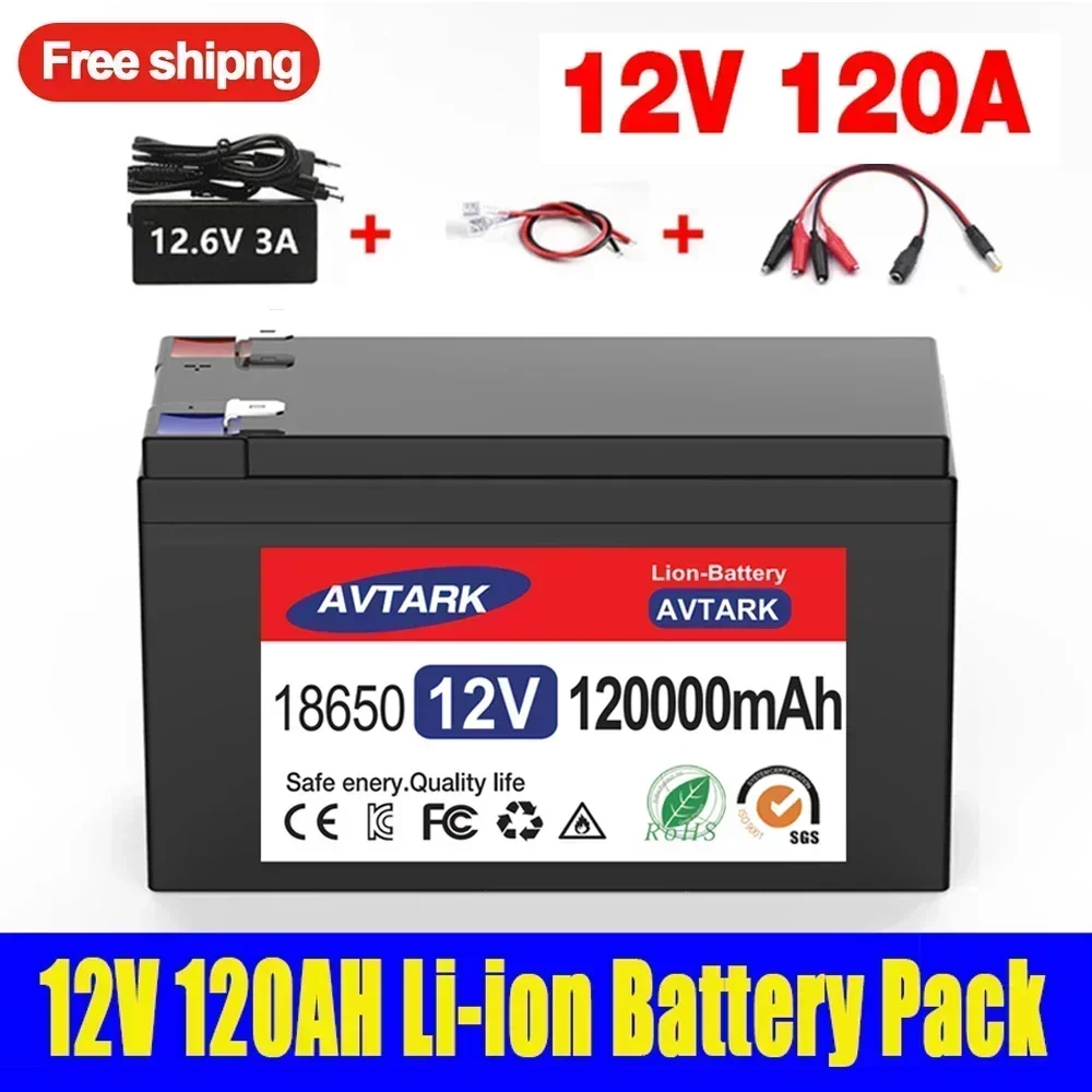 LiFePO4 12 V 120 Ah 18650 Lithiumbatterie Eingebauter BMS-Pack Wiederaufladbarer Akku für Solarenergie-Elektrofahrzeugbatterie